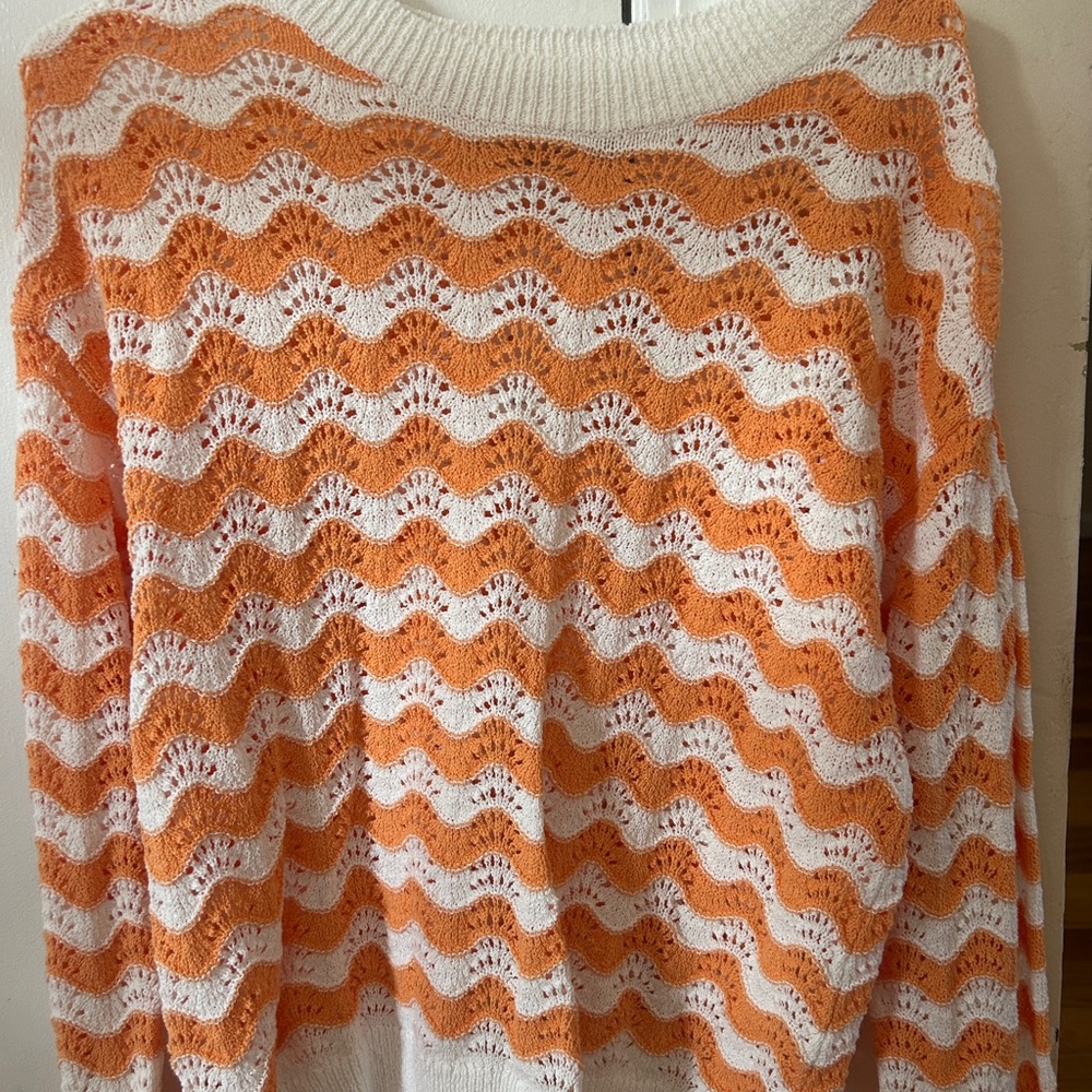 LOFT Orange and White Wave Knit Sweater